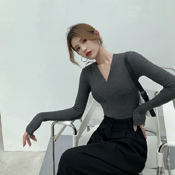 Rudens korejiešu modes Y2K T-krekls Sievietei japāņu korsetes T-krekls ar V veida kakla izgriezumu Sieviešu Seksīgs vintage krekls ar garām piedurknēm, melni balti topi