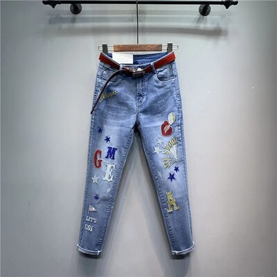 Îmbrăcăminte de stradă Femei Vintage Diamante Blugi cu talie înaltă Broderii cu litere Denim Pantaloni creion Pantaloni rupți Safari Jeans Pantalones