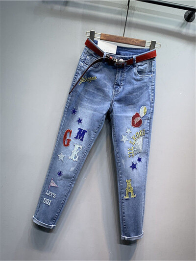 Улично облекло Дамски ретро диаманти Дънки с висока талия Бродерия с букви Дънкови панталони с молив Панталон Скъсани сафари дънки Панталони