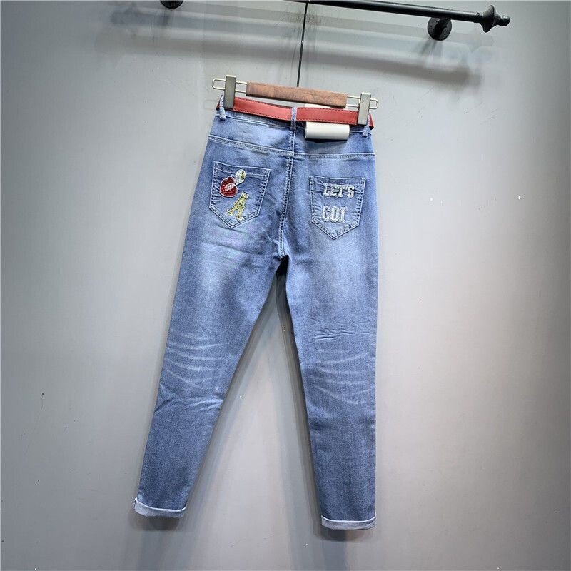 Улично облекло Дамски ретро диаманти Дънки с висока талия Бродерия с букви Дънкови панталони с молив Панталон Скъсани сафари дънки Панталони