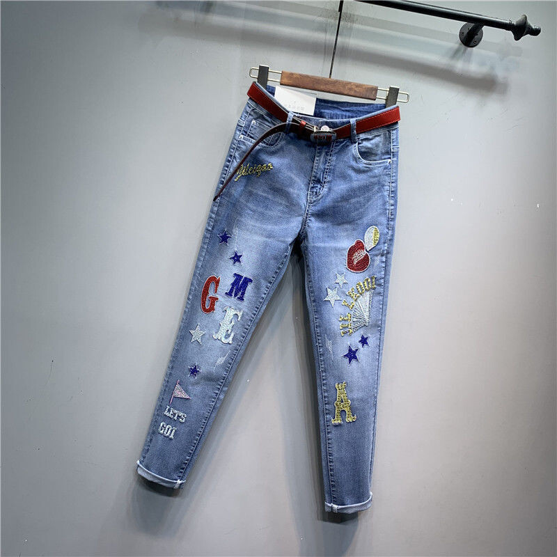 Улично облекло Дамски ретро диаманти Дънки с висока талия Бродерия с букви Дънкови панталони с молив Панталон Скъсани сафари дънки Панталони