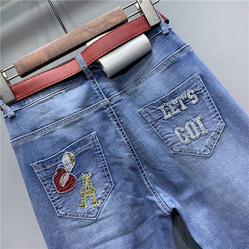 Улично облекло Дамски ретро диаманти Дънки с висока талия Бродерия с букви Дънкови панталони с молив Панталон Скъсани сафари дънки Панталони