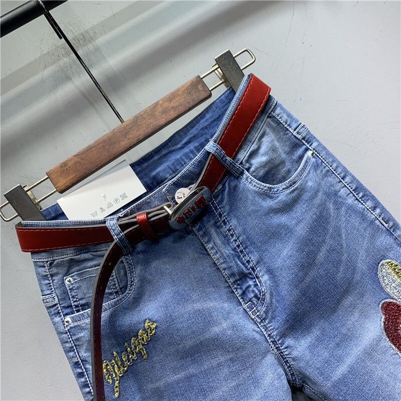 Улично облекло Дамски ретро диаманти Дънки с висока талия Бродерия с букви Дънкови панталони с молив Панталон Скъсани сафари дънки Панталони