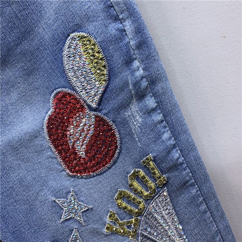 Улично облекло Дамски ретро диаманти Дънки с висока талия Бродерия с букви Дънкови панталони с молив Панталон Скъсани сафари дънки Панталони