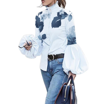 Freeacy Дамски есенни ризи с висока яка, персонализирани дамски блузи с фенерски ръкави за градски женски горнища