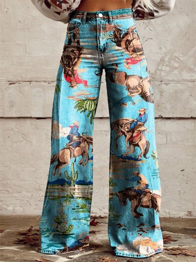 Pavasara, vasaras un rudens sieviešu garās bikses 3D digitālās drukas imitācijas džinsi plāna auduma krāsa, platas bikses