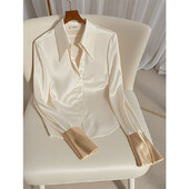 Пролет Есен Контраст Пачуърк Темперамент Риза Топове Дамско облекло С дълъг ръкав Поло деколте Бяла елегантна блуза Модна офис