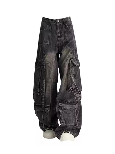 Sieviešu melni gotiski baggy džinsi Y2K Harajuku High Street Fashion Institute ar augstu vidukli, platu kāju vintage kabatas džinsu apģērbi