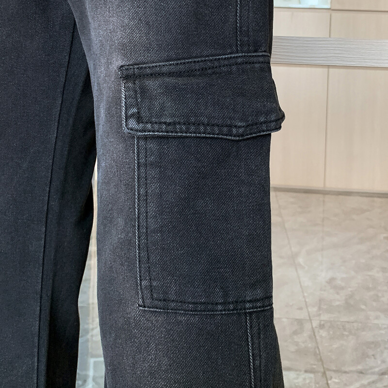 Sieviešu melni gotiski baggy džinsi Y2K Harajuku High Street Fashion Institute ar augstu vidukli, platu kāju vintage kabatas džinsu apģērbi