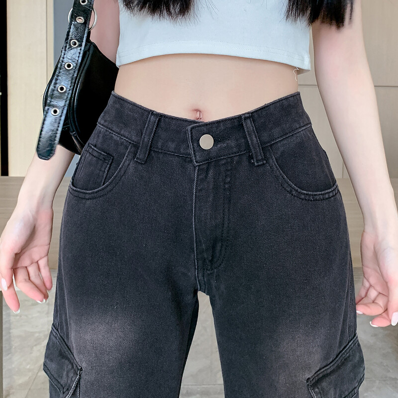 Sieviešu melni gotiski baggy džinsi Y2K Harajuku High Street Fashion Institute ar augstu vidukli, platu kāju vintage kabatas džinsu apģērbi