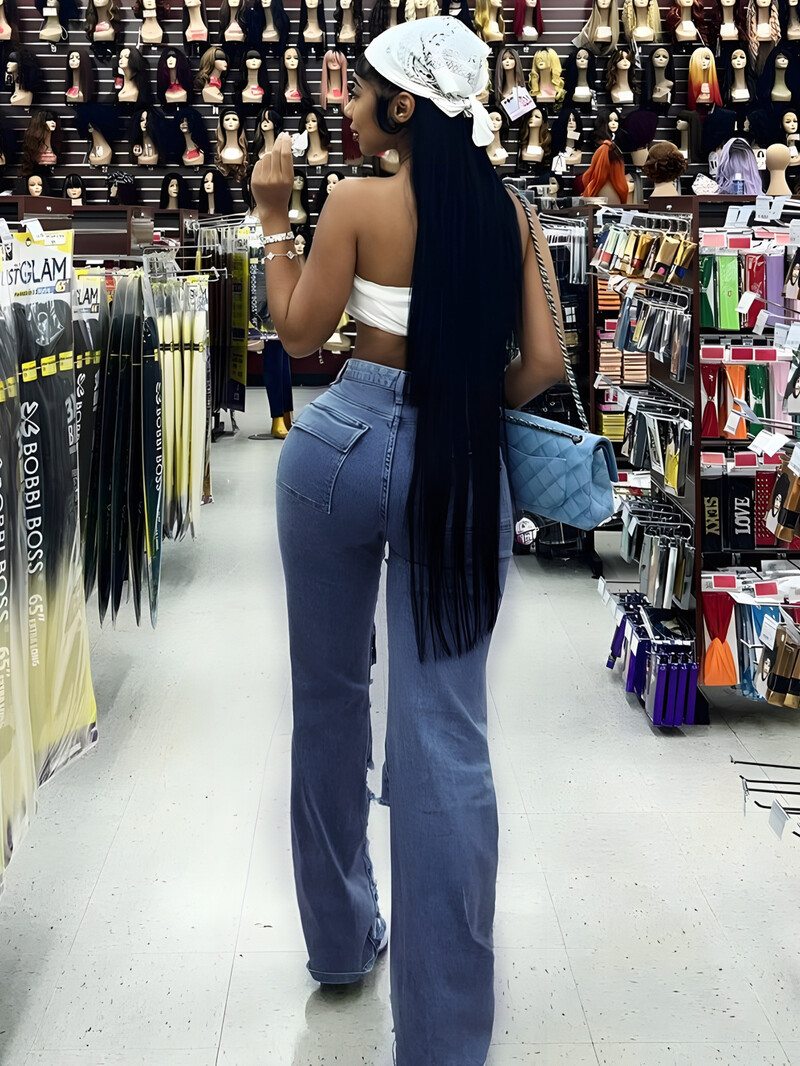 Дамски прави крачоли, скъсани дънки, модни широки панталони с капаци и джобове, ретро улични хип-хоп дънкови панталони Mujer