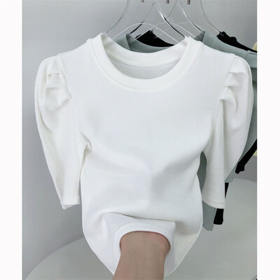 Дамска ретро модна пухкава тениска с къс ръкав и рипсена основна тениска 2024 Лято 2024 Елегантен шик с О деколте Едноцветни тънки топове Ropa De Mujer