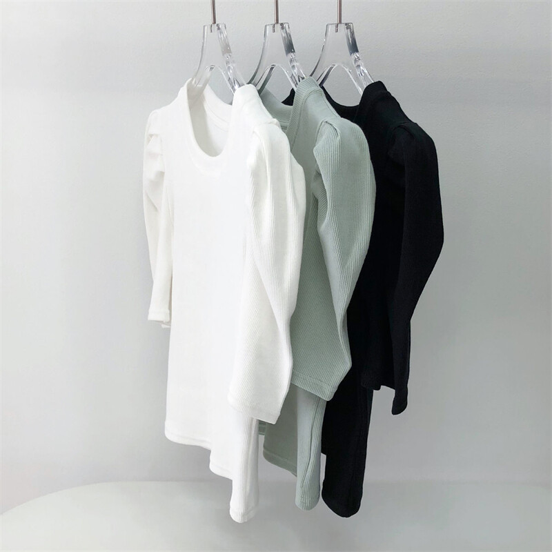 Дамска ретро модна пухкава тениска с къс ръкав и рипсена основна тениска 2024 Лято 2024 Елегантен шик с О деколте Едноцветни тънки топове Ropa De Mujer