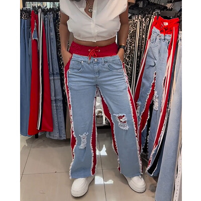 Modne ženske hlače sa spojenim prugama Modne kontrastne ležerne jednostavne uske ulične ravne hlače Patchwork traperice