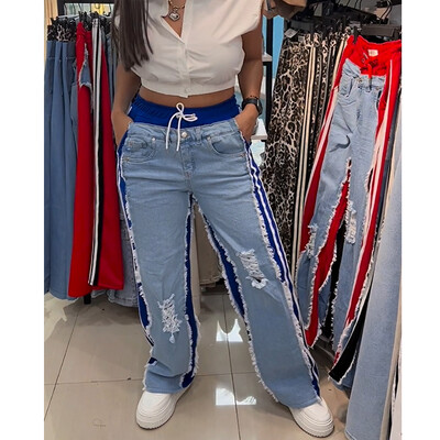 Modne ženske hlače sa spojenim prugama Modne kontrastne ležerne jednostavne uske ulične ravne hlače Patchwork traperice