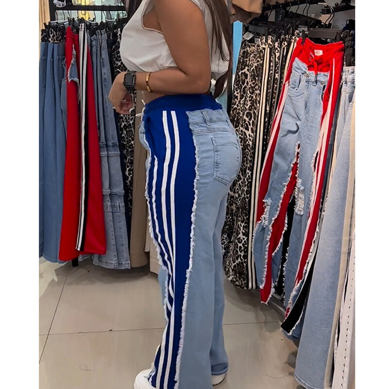 Modne ženske hlače sa spojenim prugama Modne kontrastne ležerne jednostavne uske ulične ravne hlače Patchwork traperice