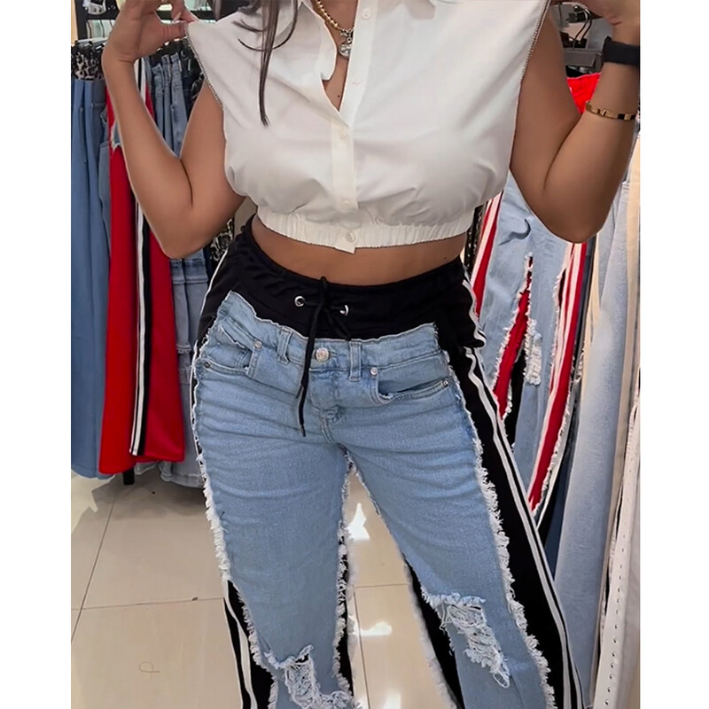 Modne ženske hlače sa spojenim prugama Modne kontrastne ležerne jednostavne uske ulične ravne hlače Patchwork traperice