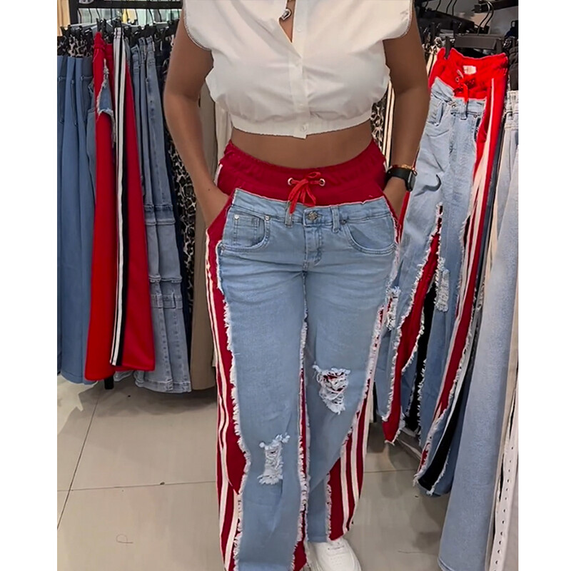 Modne ženske hlače sa spojenim prugama Modne kontrastne ležerne jednostavne uske ulične ravne hlače Patchwork traperice