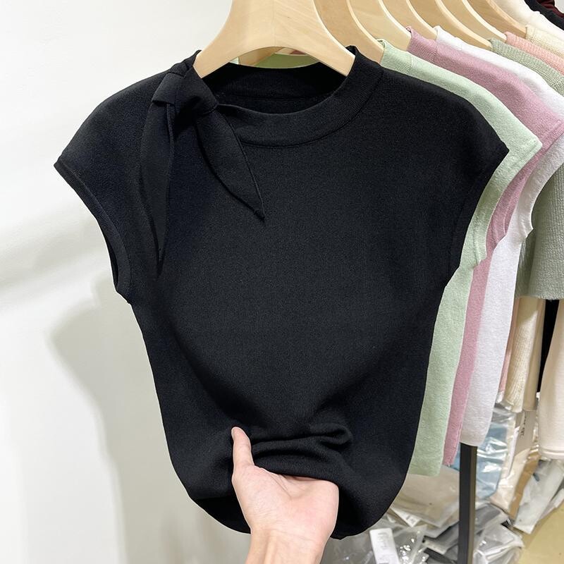 Apaļas kakla izgriezuma ledus zīda trikotāžas T-krekls ar īsām piedurknēm sievietēm, jauns stils 2024. gada vasarā, šauri pieguļošs, mazām piedurknēm blūzes augšdaļa