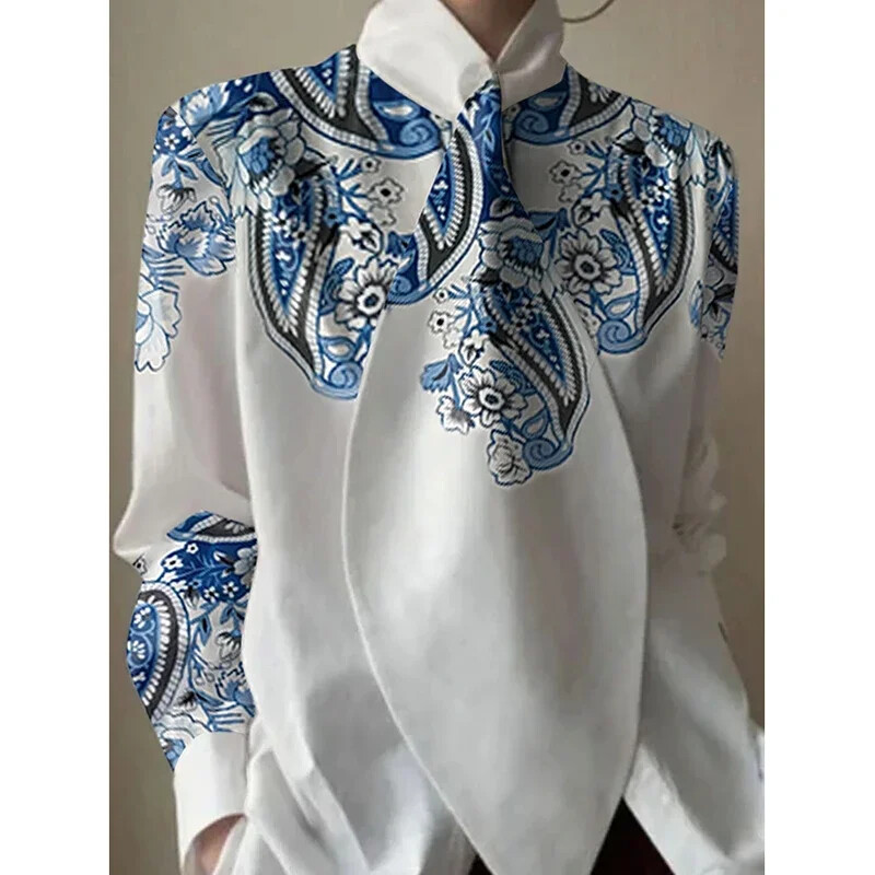 Modigirl sieviešu krekli ar ziedu apdruku Kaklasaites Dizaina Blūzes Pavasara Rudens Garām Piedurknēm Statīvs Apkakle Eleganti Krekli Topi sievietēm