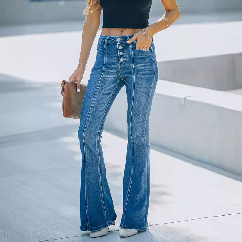 Sieviešu rudens un ziemas jauna mode, šauri pieguļoši džinsi ar mikro uzplaiksnījumu Ikdienišķa daudzpogas, veci, mazgāti pārvietošanās džinsi, garas bikses