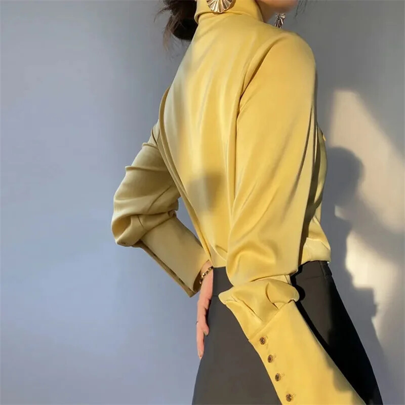 Ielu apģērbu dizains Satīna Krekli Blūzes Sieviešu korejiešu gludas smailas apkakles Camisas Ikdienas šiki biroja topi Jauni blūzes ar garām piedurknēm