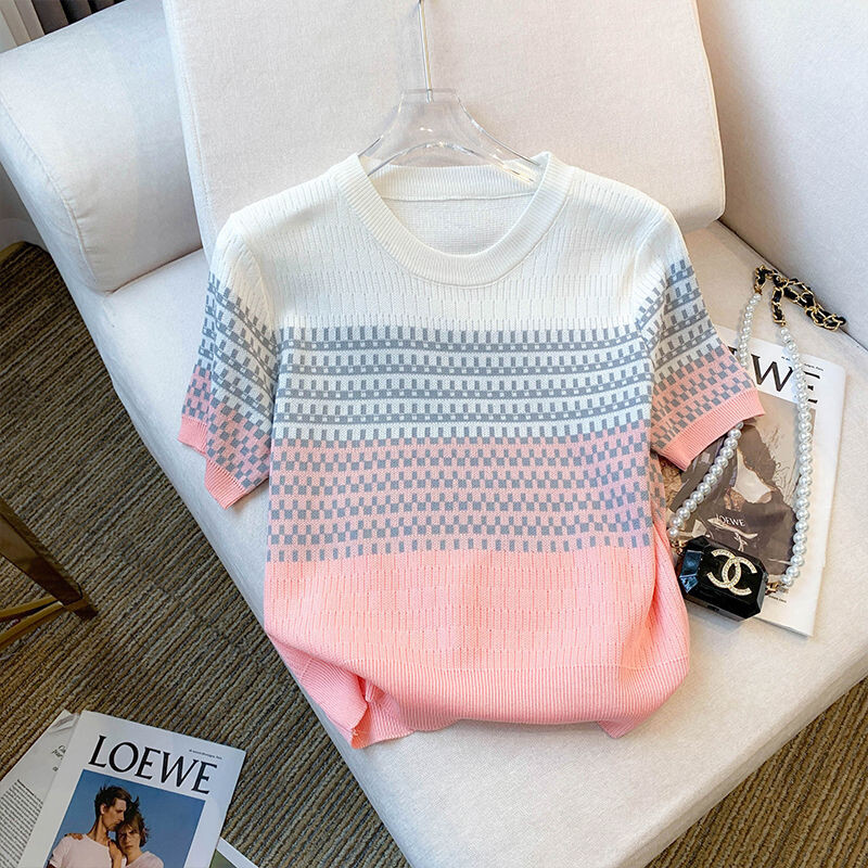 2023. gada vasara, jauna dizaina retro kontrasta svītru T-krekls ar īsām piedurknēm Slim Crop Crew Neck Top Ledus zīda trikotāžas džemperis sievietēm