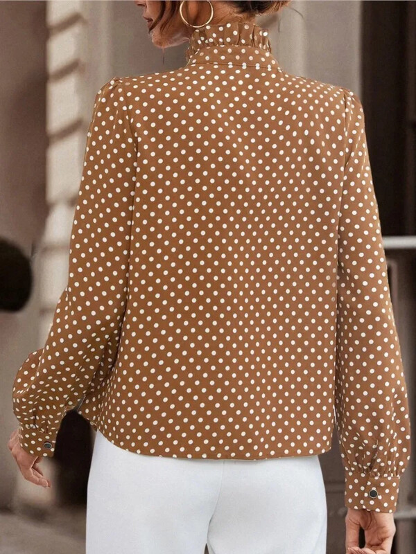 Cămașă elegantă cu imprimeu cu buline de epocă Femei Toamna 2024 Noi Topuri Gât în picioare Mâneci lungi Volane Mochiuri Cămăși și bluze