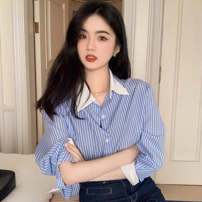 Korejiešu svītraini sieviešu krekli Rudens, salds, savārstījums ar garām piedurknēm Sieviešu ikdienas blūze Modes Jauns birojs Šiks Sieviešu Crop Tops