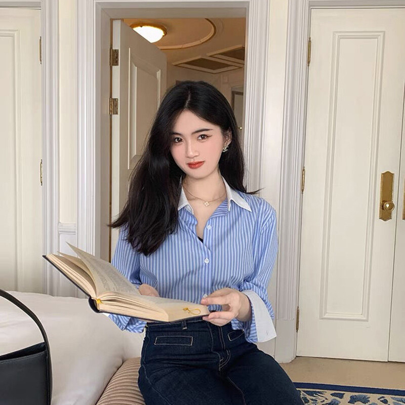 Korejiešu svītraini sieviešu krekli Rudens, salds, savārstījums ar garām piedurknēm Sieviešu ikdienas blūze Modes Jauns birojs Šiks Sieviešu Crop Tops