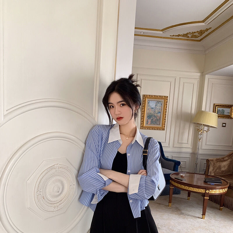 Korejiešu svītraini sieviešu krekli Rudens, salds, savārstījums ar garām piedurknēm Sieviešu ikdienas blūze Modes Jauns birojs Šiks Sieviešu Crop Tops