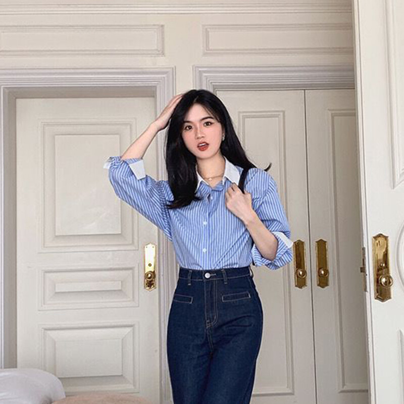 Korejiešu svītraini sieviešu krekli Rudens, salds, savārstījums ar garām piedurknēm Sieviešu ikdienas blūze Modes Jauns birojs Šiks Sieviešu Crop Tops