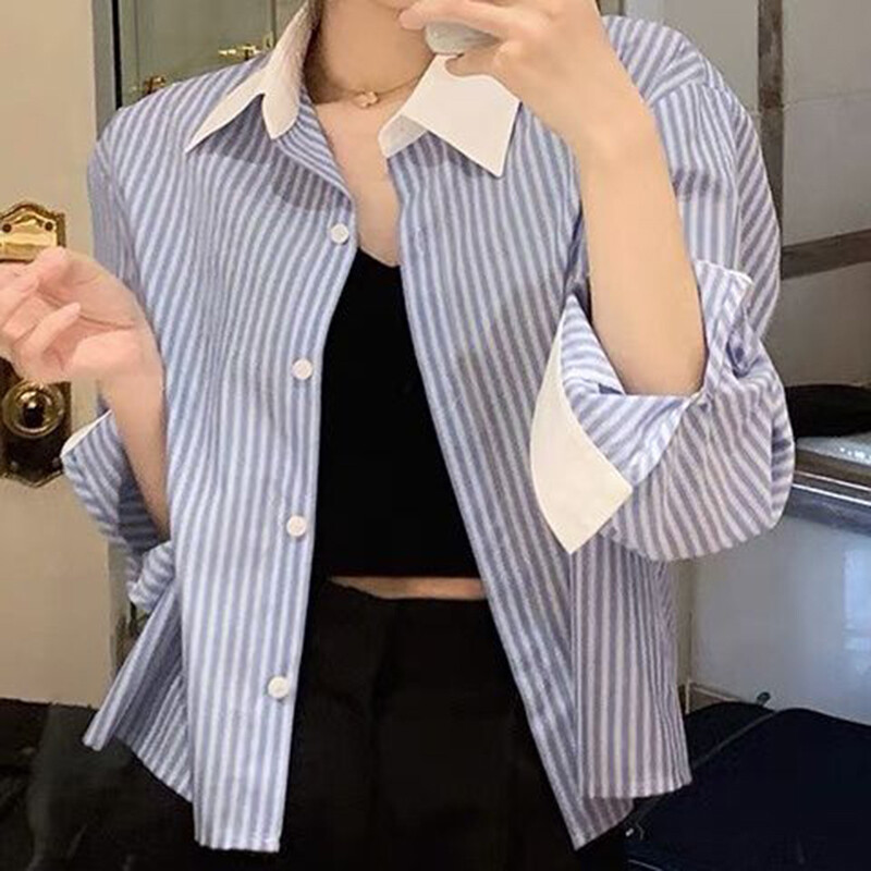 Korejiešu svītraini sieviešu krekli Rudens, salds, savārstījums ar garām piedurknēm Sieviešu ikdienas blūze Modes Jauns birojs Šiks Sieviešu Crop Tops