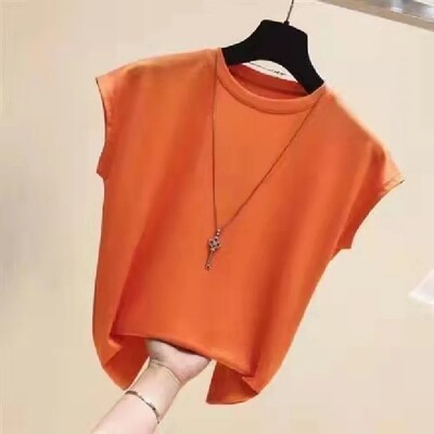 Jauns 2024. gada vasaras ledus zīda tops korejiešu stilā, brīvi pieguļošs, slaidinošs T-krekls ar īsām piedurknēm sieviešu trikotāžas pamata slāņa puloveri