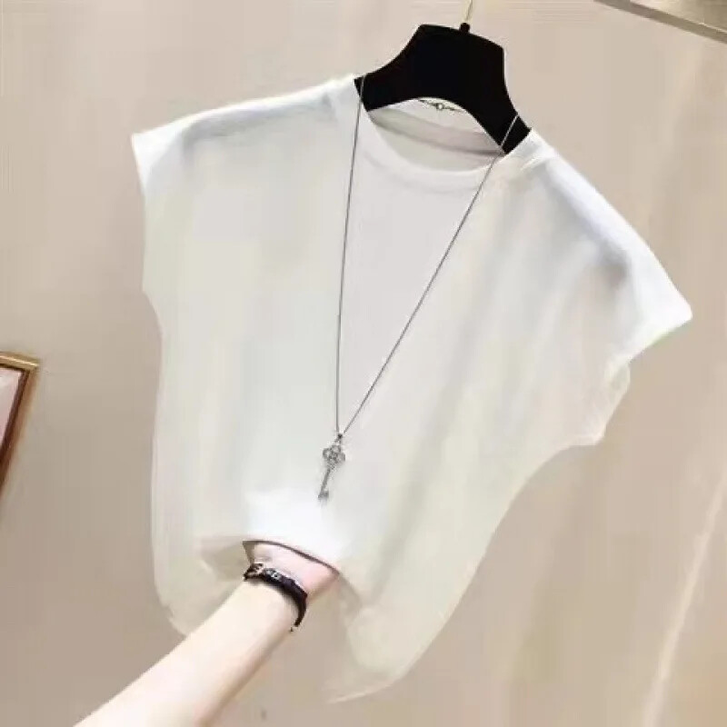 Jauns 2024. gada vasaras ledus zīda tops korejiešu stilā, brīvi pieguļošs, slaidinošs T-krekls ar īsām piedurknēm sieviešu trikotāžas pamata slāņa puloveri