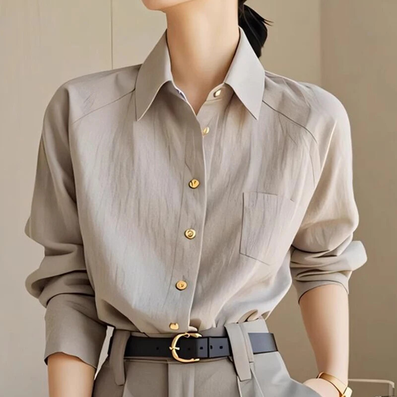 Franču stila minimālisma daudzpusīgs pelēks polo apkakles krekls ar garām piedurknēm Rudens jauna mode Ikdienas elegants augstas kvalitātes sieviešu tops