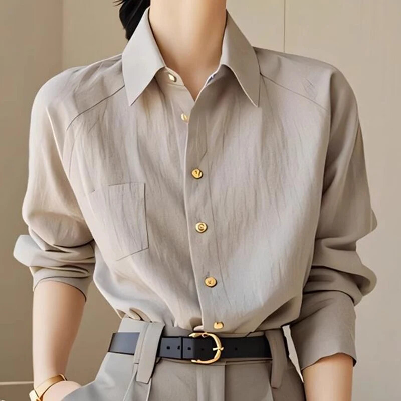 Franču stila minimālisma daudzpusīgs pelēks polo apkakles krekls ar garām piedurknēm Rudens jauna mode Ikdienas elegants augstas kvalitātes sieviešu tops