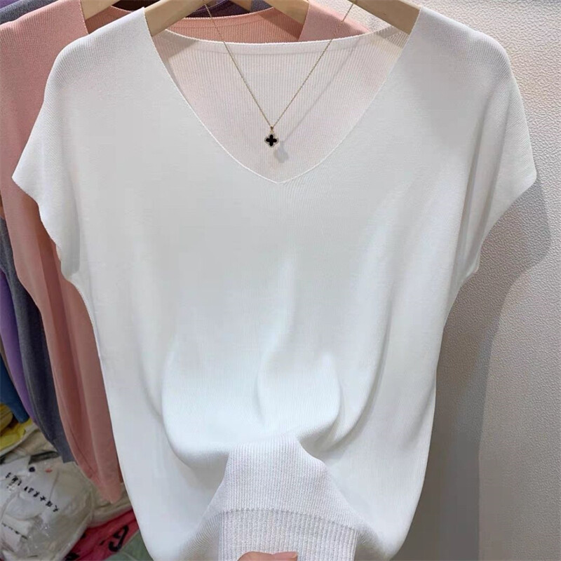Sieviešu apģērbi Vasaras modes Vienkāršs, īsās piedurknes ledus zīda plāns trikotāžas T-krekls ikdienišķs darba brauciens, ciets V kakla izgriezums, brīvs pulovers