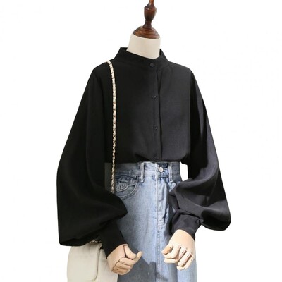 Дамски блузи в стил пролет-есен Дамска риза с дълги ръкави-фенери и яка със стойка Свободни блузи