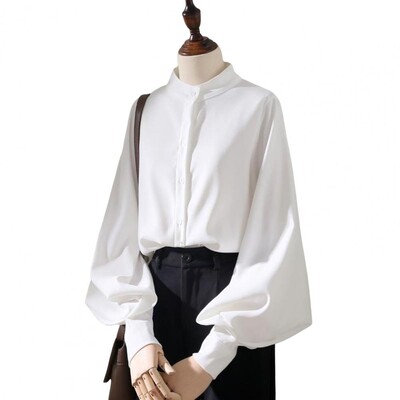 Дамски блузи в стил пролет-есен Дамска риза с дълги ръкави-фенери и яка със стойка Свободни блузи