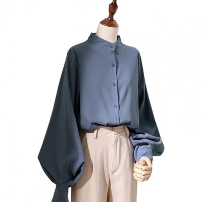 Дамски блузи в стил пролет-есен Дамска риза с дълги ръкави-фенери и яка със стойка Свободни блузи