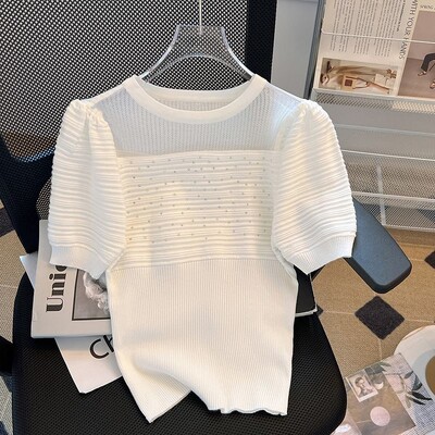 Eleganti modes Harajuku Slim Fit sieviešu apģērbi, brīvi ikdienas apģērbi, trikotāžas izstrādājumi ar dobu izgriezumu uz kakla ieliktņiem īsām piedurknēm