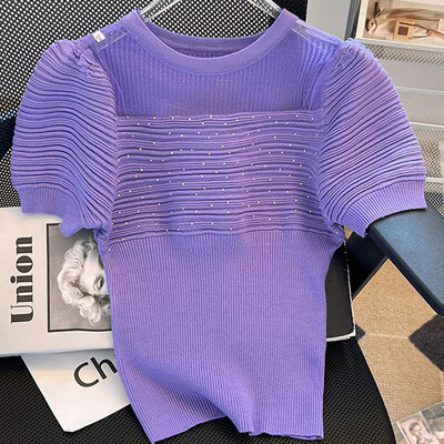 Eleganti modes Harajuku Slim Fit sieviešu apģērbi, brīvi ikdienas apģērbi, trikotāžas izstrādājumi ar dobu izgriezumu uz kakla ieliktņiem īsām piedurknēm