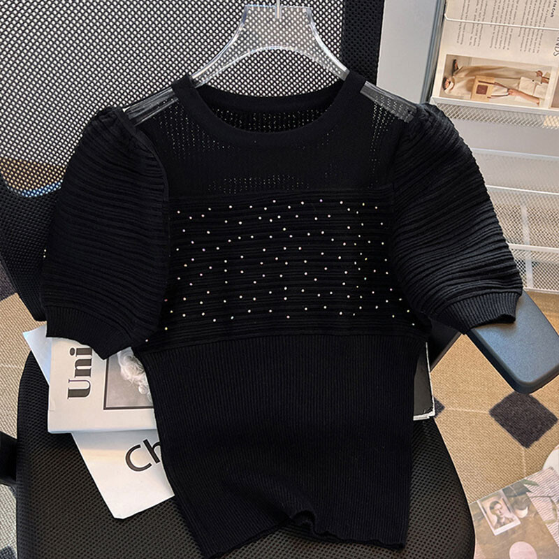 Eleganti modes Harajuku Slim Fit sieviešu apģērbi, brīvi ikdienas apģērbi, trikotāžas izstrādājumi ar dobu izgriezumu uz kakla ieliktņiem īsām piedurknēm