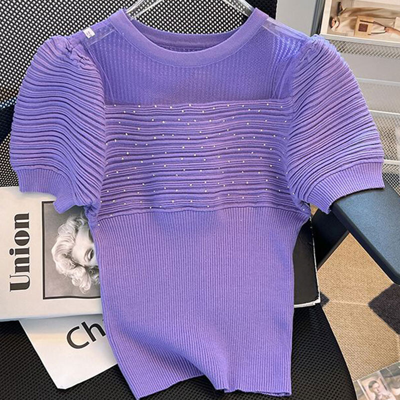 Eleganti modes Harajuku Slim Fit sieviešu apģērbi, brīvi ikdienas apģērbi, trikotāžas izstrādājumi ar dobu izgriezumu uz kakla ieliktņiem īsām piedurknēm