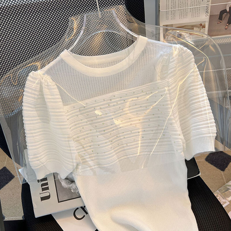 Eleganti modes Harajuku Slim Fit sieviešu apģērbi, brīvi ikdienas apģērbi, trikotāžas izstrādājumi ar dobu izgriezumu uz kakla ieliktņiem īsām piedurknēm