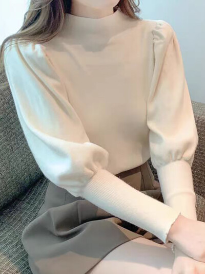 Jesen Zima Džemper s dolčevitom Slim Fit Basic Puloveri Modni korejski pleteni vrhovi Ženski pulover s puf rukavima Rastezljivi džemper