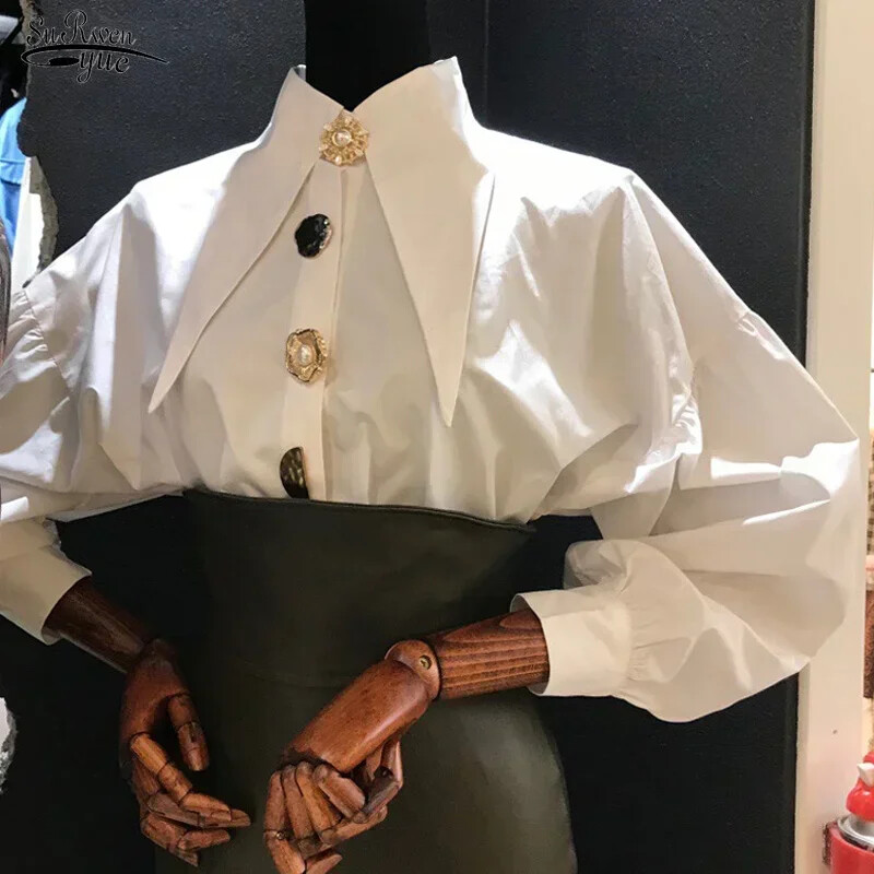 2024. gada rudens sieviešu krekls ar garām piedurknēm Modes pavasara laternas piedurknēm kokvilnas blūzes Biroja dāmu eleganti topi ikdienišķs brīvs apģērbs