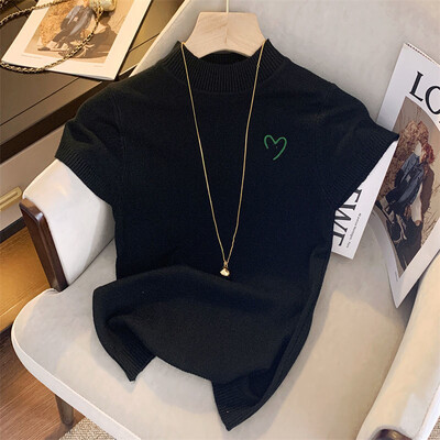 Половин водолазка с бродирани къси ръкави трикотаж дамски пуловер 2023 г. жилетка нови френски сладки тесни топове