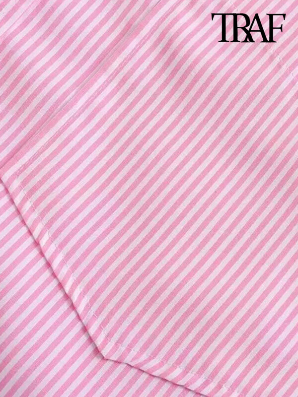 TRAF svītraini brīvi krekli ar kabatu sievietēm, garām piedurknēm, pogām blūzes, eleganti topi, sieviešu mode